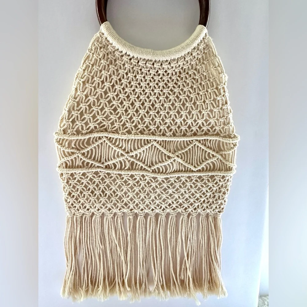 Macrame Bag Crochet Handbag Woven Purse Wood Ring Handles Fringe Boho Bag NEW